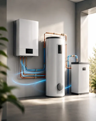 Moderne Wärmepumpen-Inneneinheit mit Warmwasserspeicher und Heizsystem in einem Technikraum.