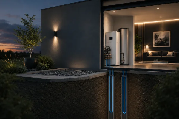 Sole-Wasser-Wärmepumpe mit Erdsonden und Wärmespeicher in einem modernen Einfamilienhaus.