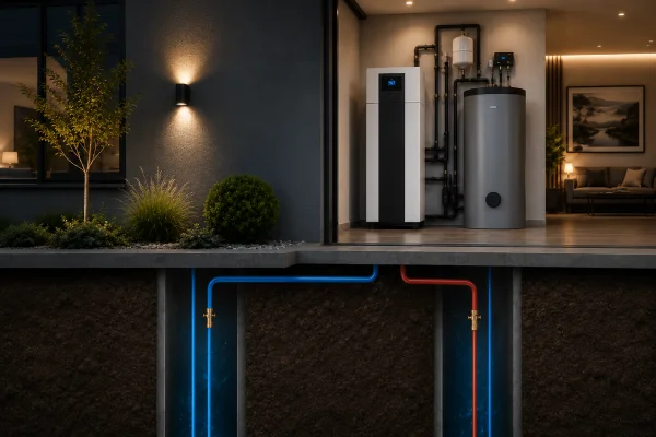 Wasser-Wasser-Wärmepumpe mit Erdsonden und Inneneinheit in einem modernen Einfamilienhaus.