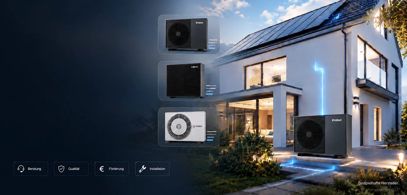 Modernes Einfamilienhaus mit Wärmepumpe und beispielhaften Geräten von Vaillant, Viessmann und Bosch.