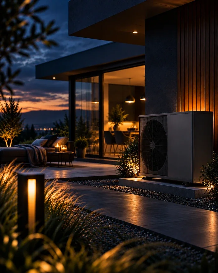 Moderne Luft-Wasser-Wärmepumpe an einem Einfamilienhaus bei Sonnenuntergang