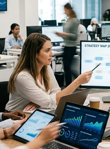 Business team reviewing performance charts and data analytics on a laptop in an office meeting