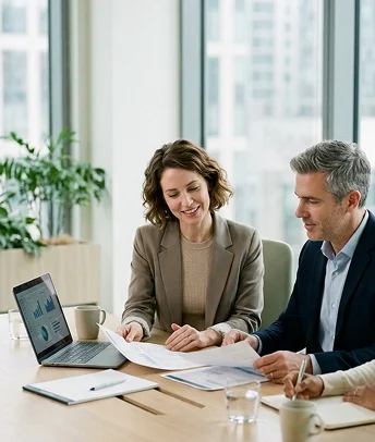 Business team reviewing performance charts and data analytics on a laptop in an office meeting