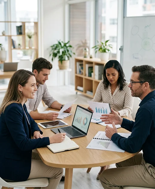 Business team reviewing performance charts and data analytics on a laptop in an office meeting