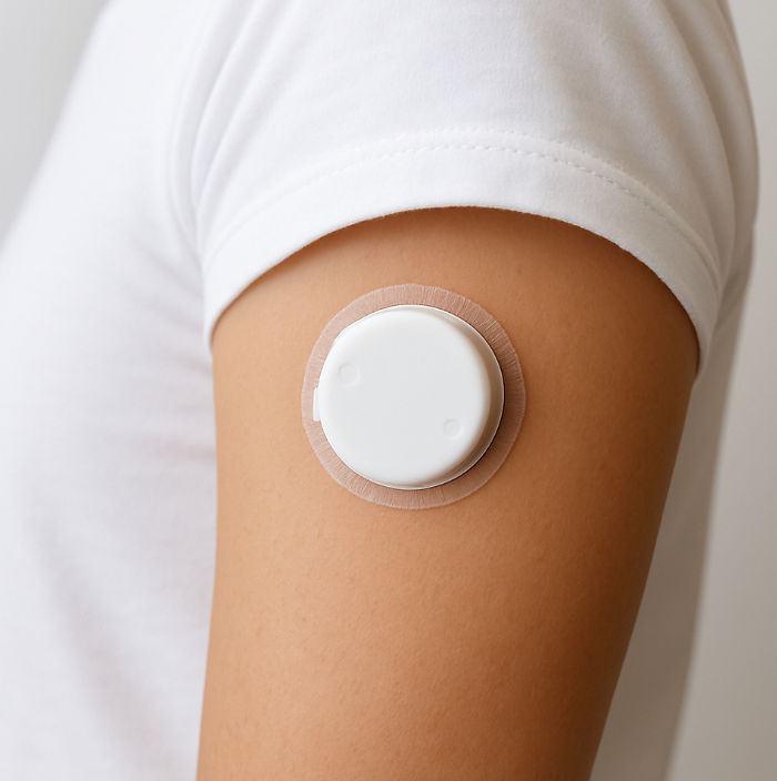 Photograph of a wearable adhesive biosensor patch on the upper arm
