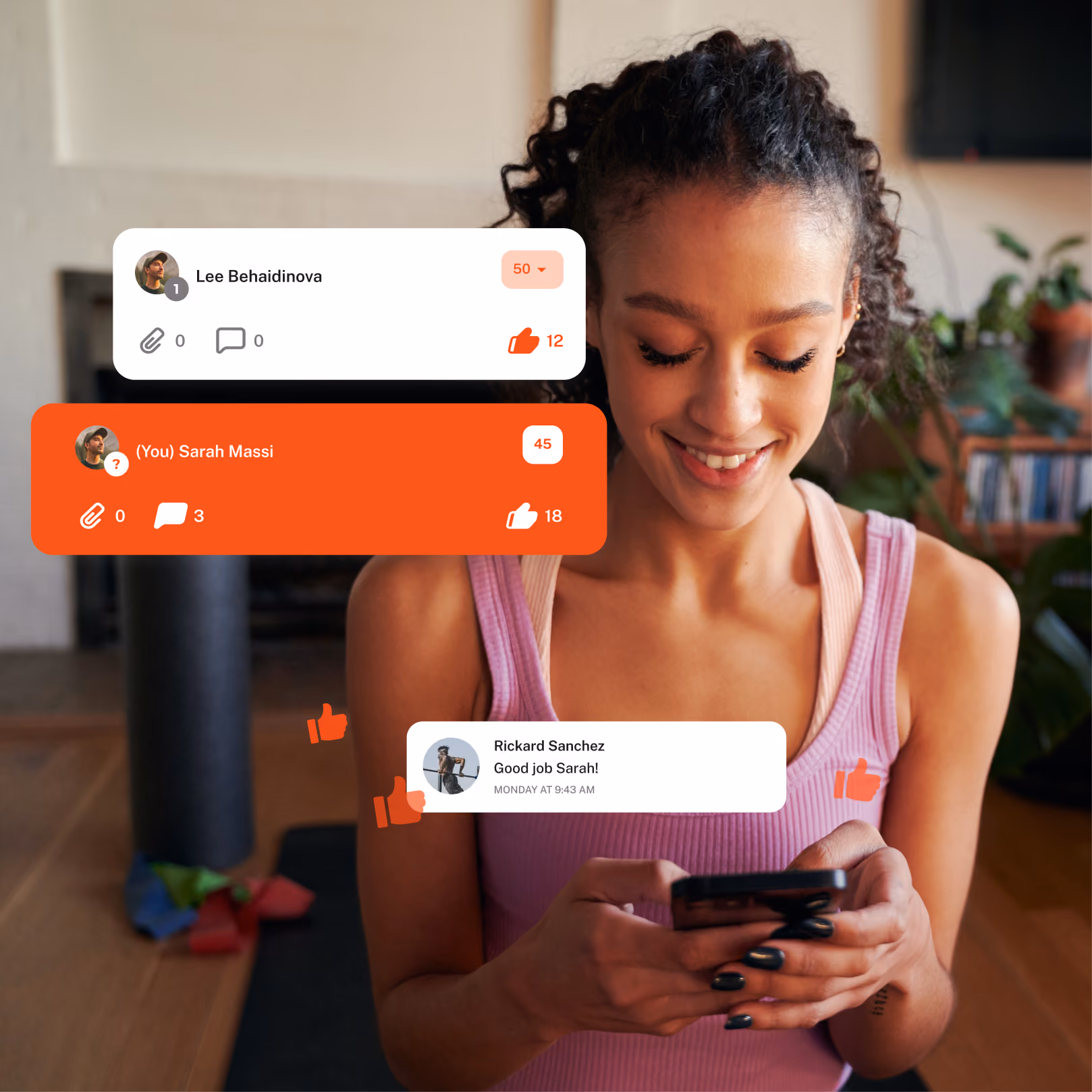 Smiling young woman in a pink tank top holding a phone, with floating social media comment boxes and thumbs-up icons around her, suggesting she is reading or interacting with positive messages.
