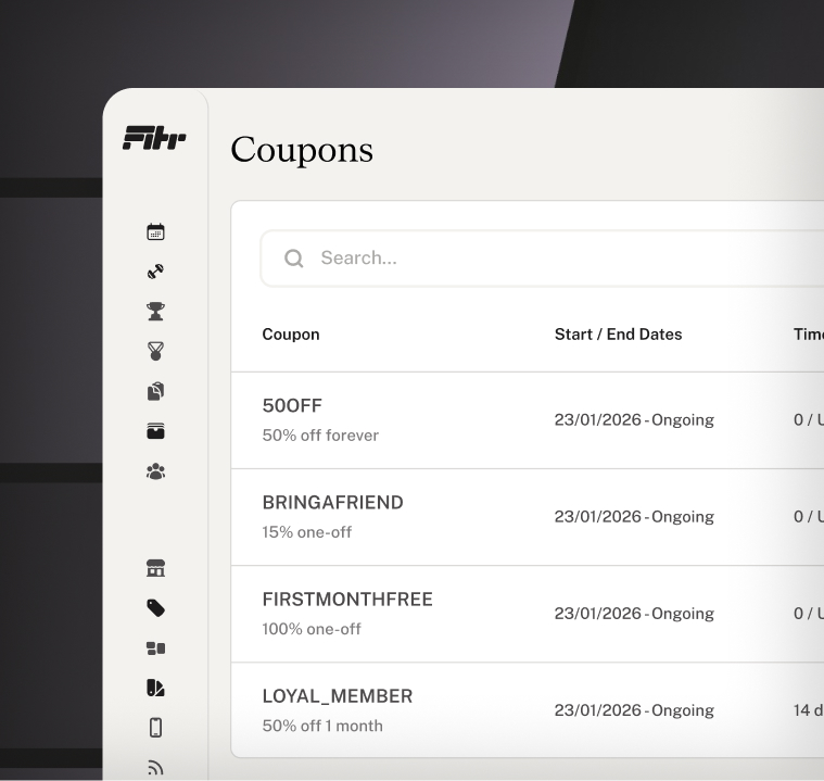 User interface screen titled 'Coupons' showing a list of coupon codes with descriptions, start and end dates, and usage limits. Coupons listed include '50OFF' for 50% off forever, 'BRINGAFRIEND' for 15% one-off, 'FIRSTMONTHFREE' for 100% one-off, and 'LOYAL_MEMBER' for 50% off 1 month, all starting 23/01/2026 and ongoing. Left sidebar has icons for navigation.