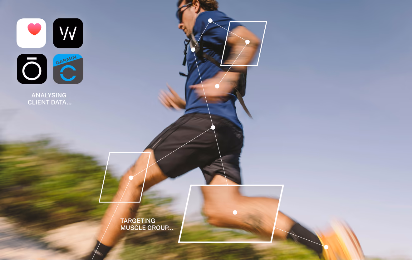 A man running outdoors with visual overlays showing muscle groups on his arm, thigh, and calf, alongside app icons for Apple Health, WHOOP, Oura, and Garmin, with text indicating analysis of client data and targeting muscle groups.
