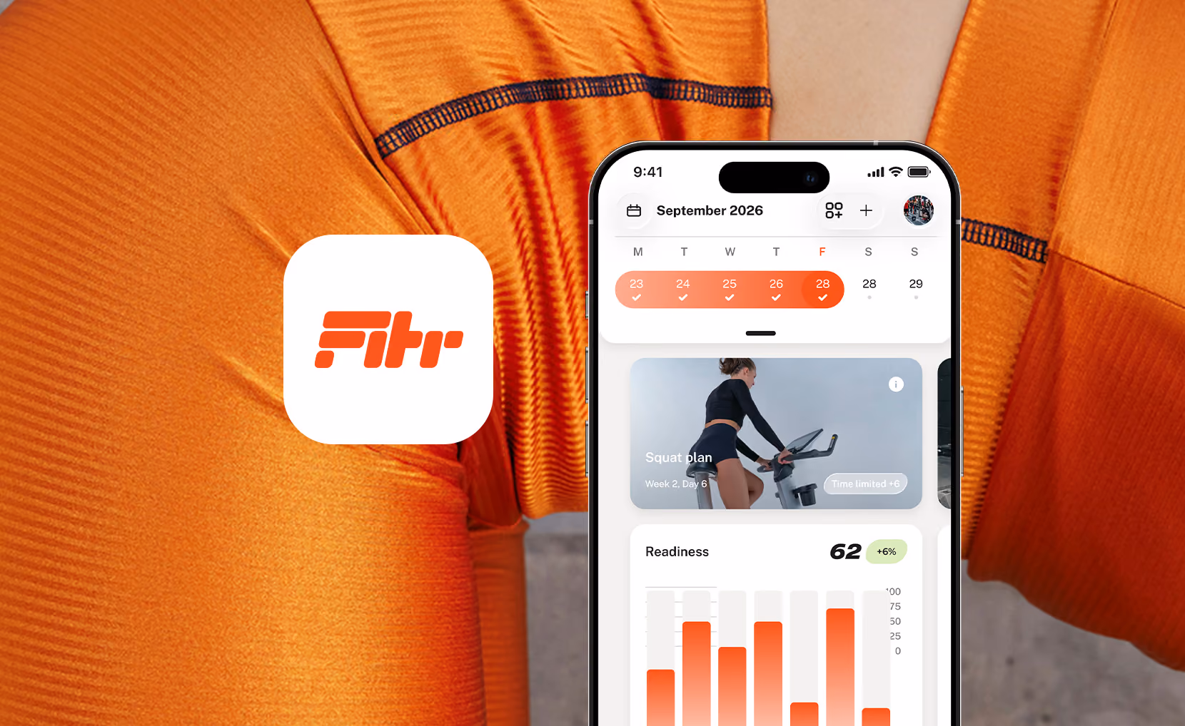 Close-up of a person wearing an orange athletic top holding a smartphone displaying a fitness app interface with a calendar, workout plan, and readiness graph.