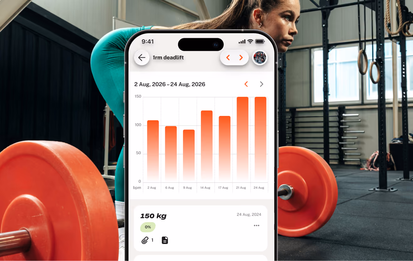 A person in teal workout clothes is getting ready to lift a barbell with large red weights in a gym, with a phone screen in the foreground showing a fitness app's bar graph tracking 1RM deadlift progress from 2 to 24 August 2026, with weights increasing from around 100 kg to 150 kg.