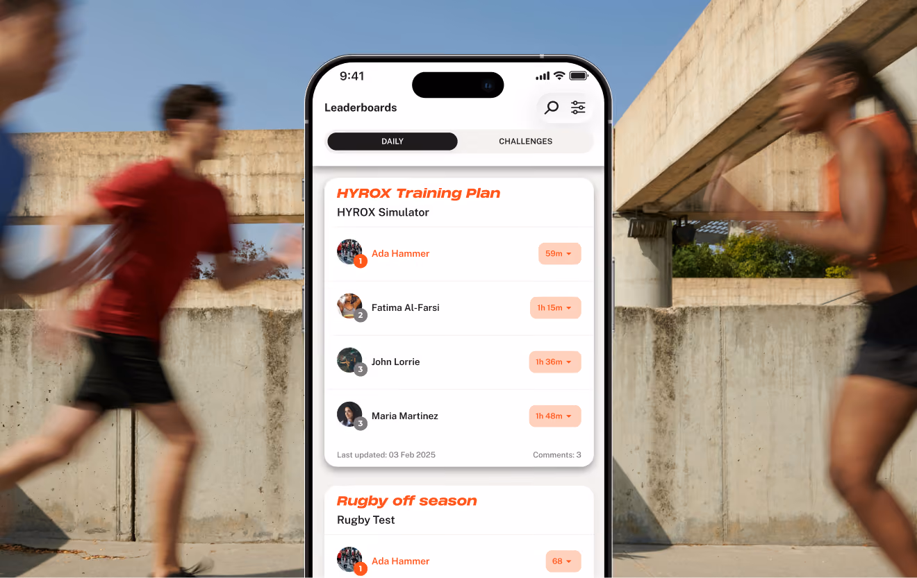 Smartphone screen showing a leaderboard for HYROX Training Plan and Rugby off season challenges, with names Ada Hammer, Fatima Al-Farsi, John Lorrie, Maria Martinez, and their respective times and ranks. Blurred runners pass on both sides of the phone against a concrete wall background.