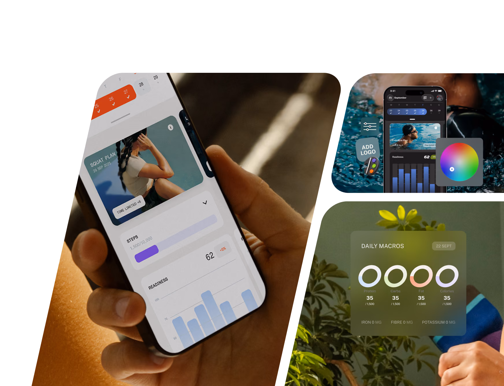 Person holding a smartphone displaying a fitness app with a squat plan, step count, and readiness score shown; inset images include a mobile screen with workout stats and logo customization, and a daily macro nutrition tracker overlay with circles for iron, fiber, and potassium.