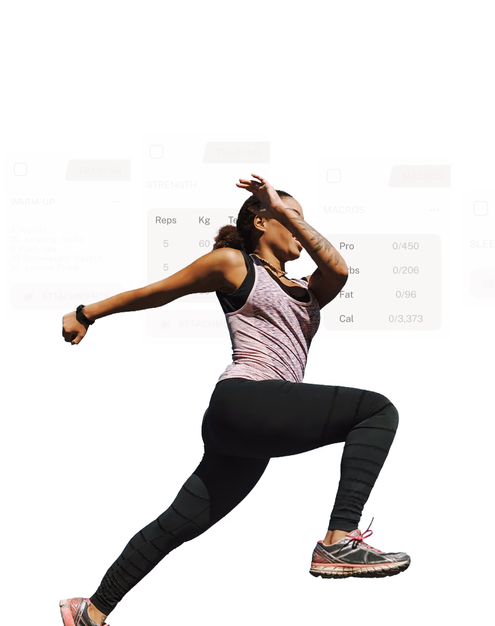 Athletic woman in a running pose wearing black leggings, a pink and black tank top, and running shoes, with faint workout data panels in the background.