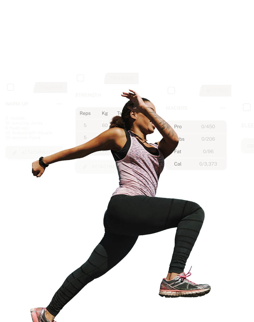 Athletic woman in a running pose wearing black leggings, a pink and black tank top, and running shoes, with faint workout data panels in the background.