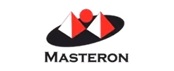Logo with two red triangles and a red circle overlapping a black oval shape above the word MASTERON in uppercase letters.
