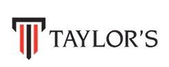 Taylor's wordmark logo featuring stylized T with red vertical bars on a black background.