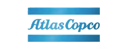 Atlas Copco company logo with stylized blue text and two horizontal blue bars above and below the name.