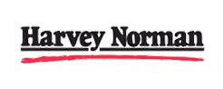 Harvey Norman brand logo with black serif font and a red brushstroke underline.