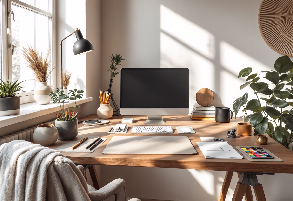 [background image] image of art supplies on a desk (for a graphic design studio)
