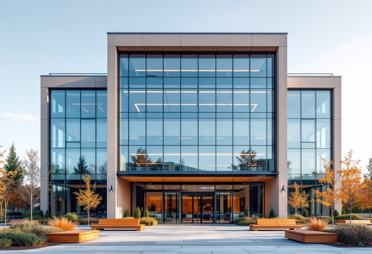 Modern office building with large glass windows, a centered entrance, wooden benches, and landscaped plants in front under a clear sky.