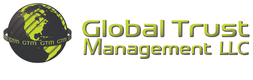 Logo featuring a stylized globe with continents in dark gray and bright green stripes, encircled by a ring displaying 'GTM' repeated, next to the text 'Global Trust Management LLC' in matching bright green and gray gradient letters.