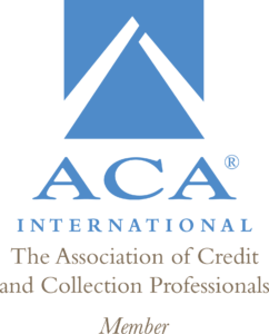 ACA International logo featuring a stylized blue triangular design above bold blue letters ACA and the text 'International' in smaller blue font below, followed by 'The Association of Credit and Collection Professionals' and the word 'Member' in a smaller serif font underneath.
