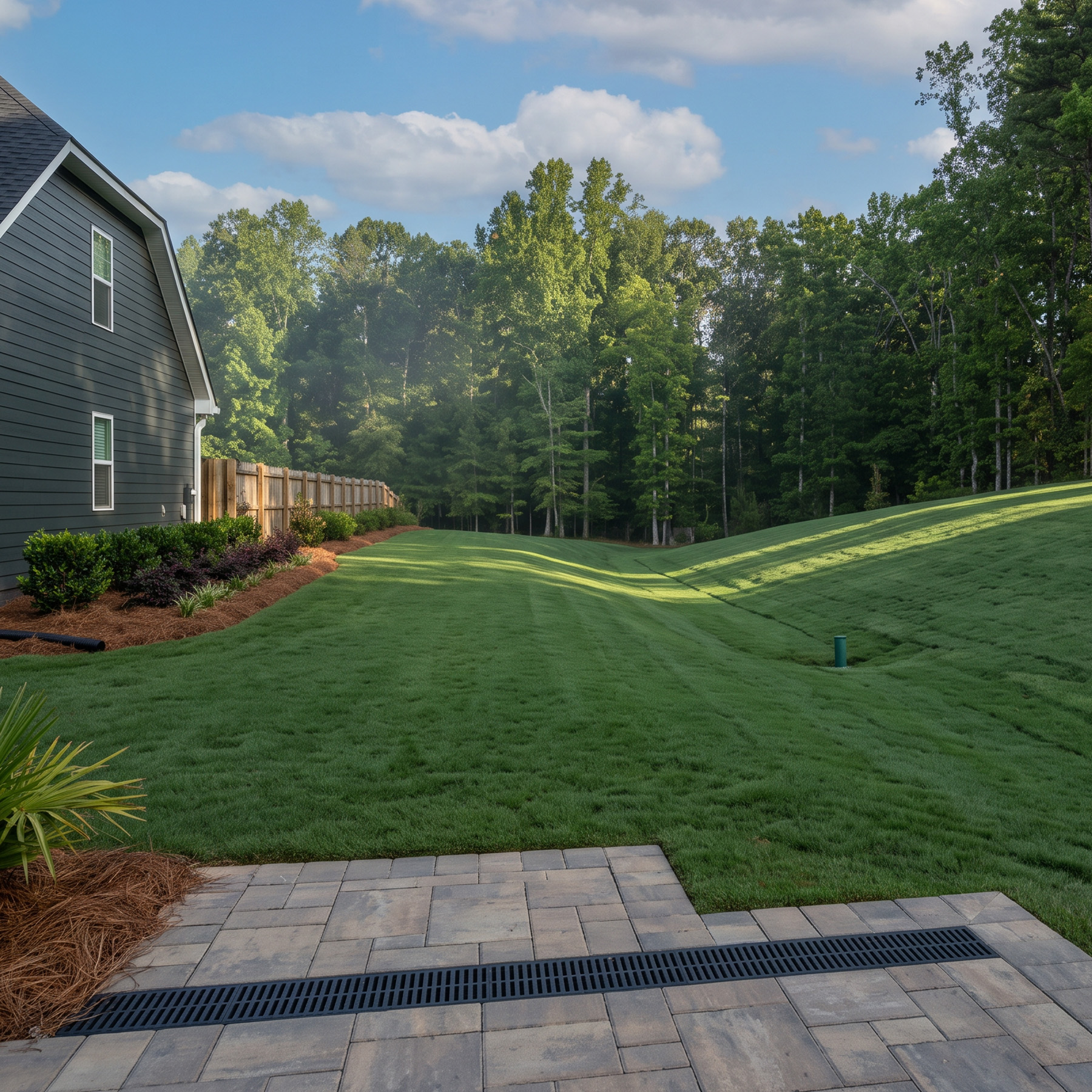 Wide graded lawn sloping away from a Charlotte home toward the tree line, with a trench drain in the walkway