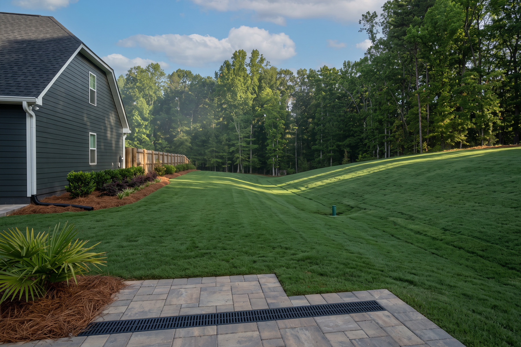 Graded side yard carrying water away from a house, with a trench drain set into the paver walkway