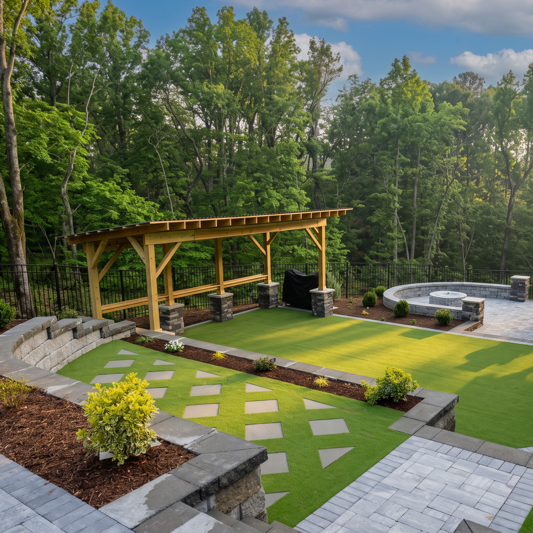 Artificial turf lawn with paver stepping stones, a cedar pergola, and stone seat walls in a fenced backyard