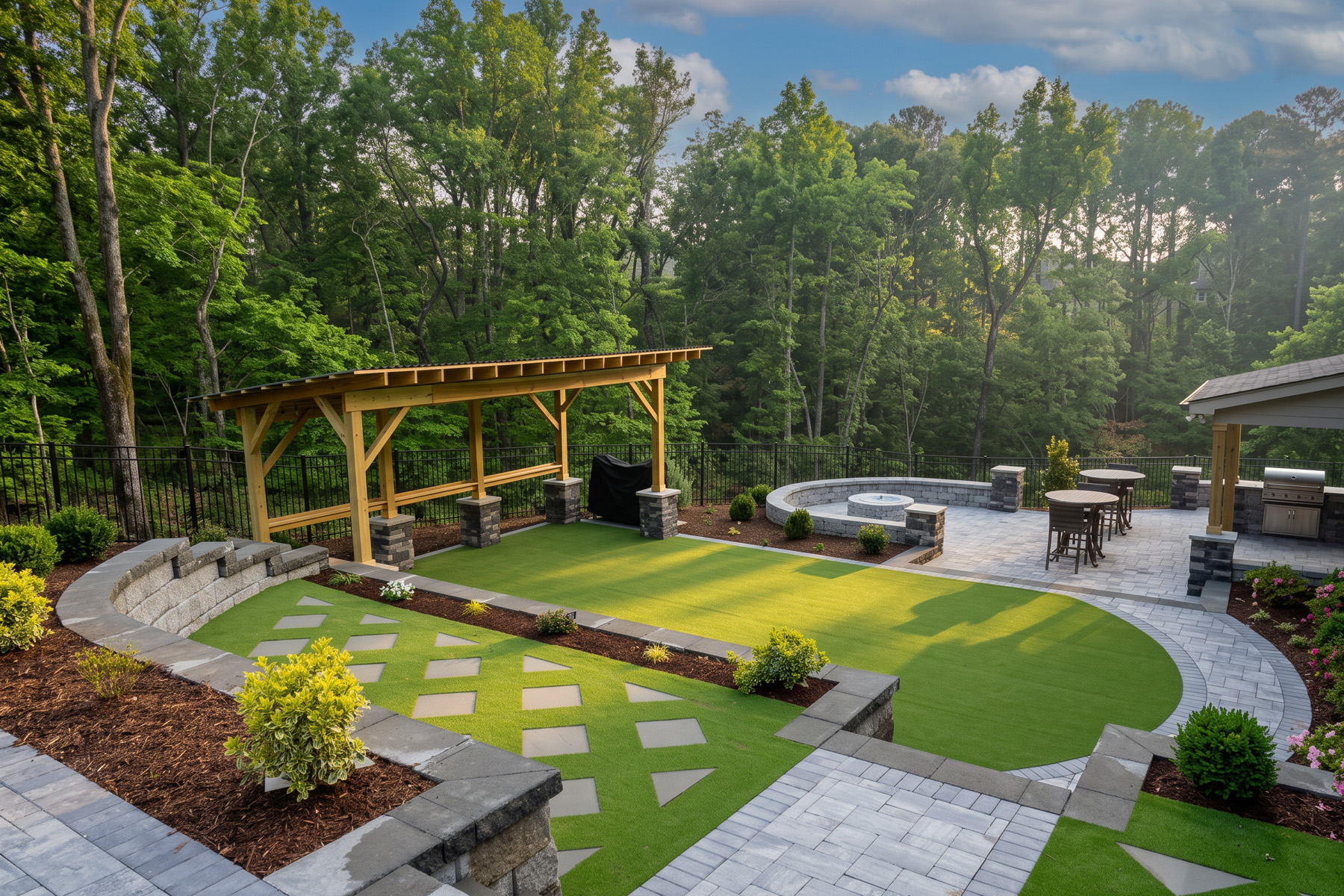 Backyard artificial turf lawn with paver stepping stones, a cedar pergola, and stone seat walls