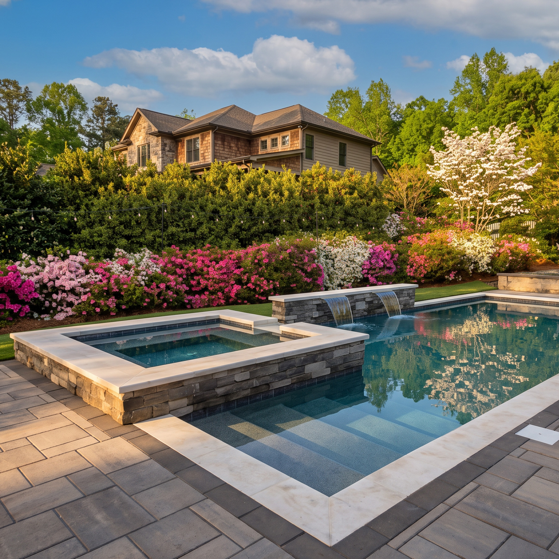 Custom inground pool and raised spa with three sheer descent spillways, edged by a paver deck