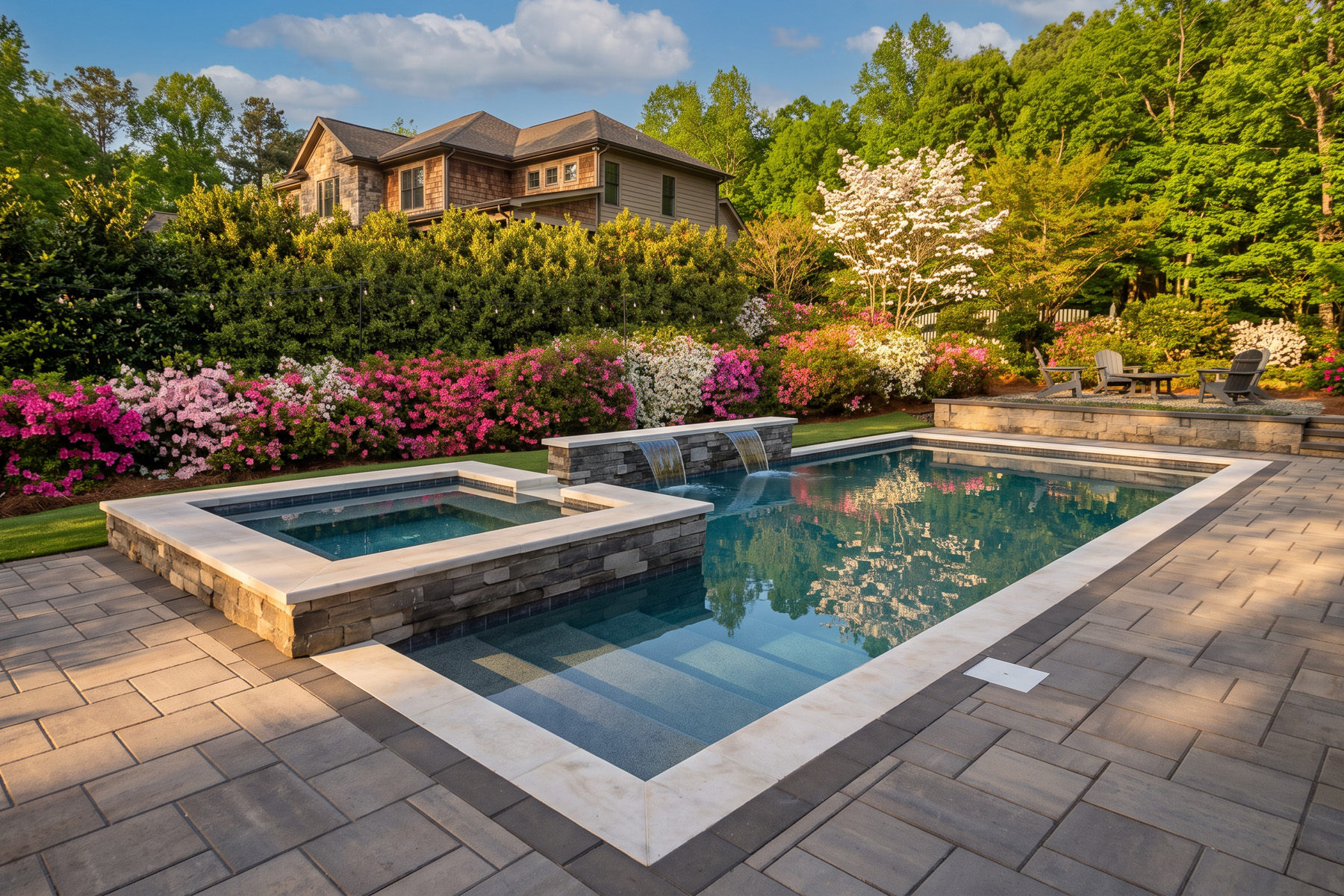 Rectangular inground pool and raised spa with a spillway, framed by a wide paver deck and blooming azaleas