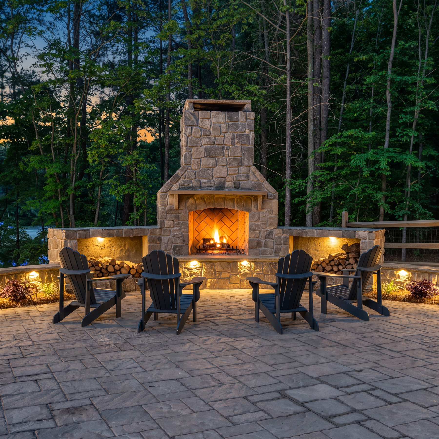 Lit stone outdoor fireplace with a raised hearth, flanked by wood storage and Adirondack chairs
