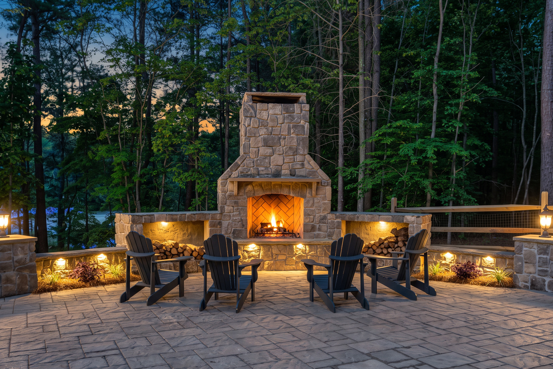 Stone outdoor fireplace lit at dusk, with four Adirondack chairs and wood storage on a paver patio