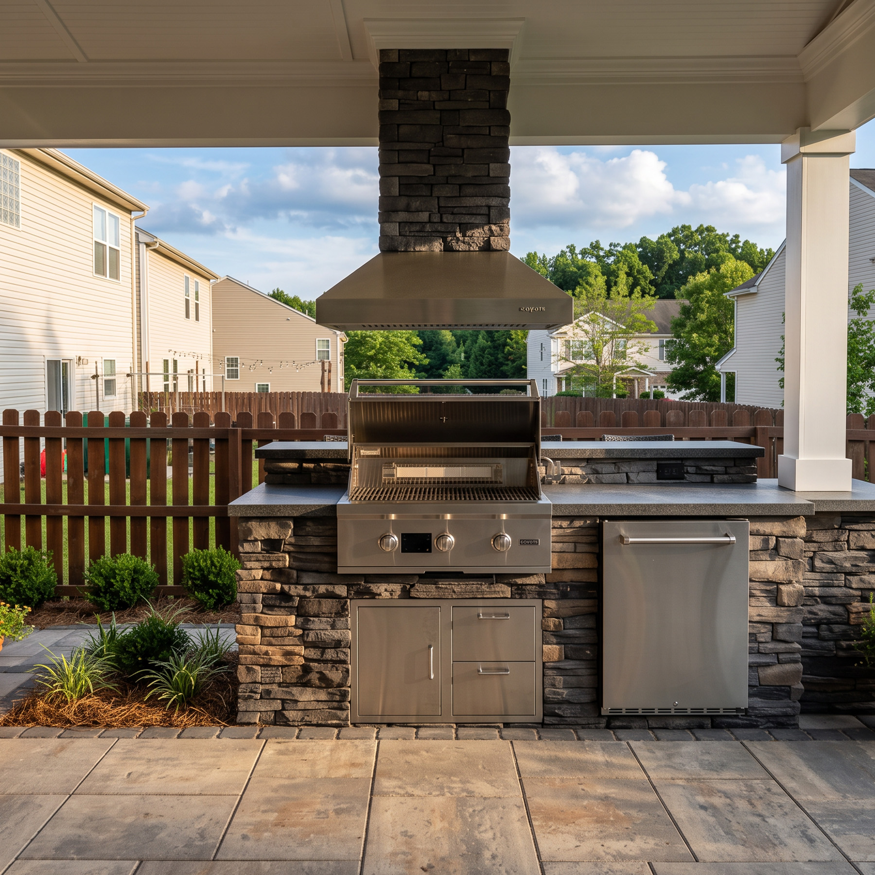 Built-in grill and stone outdoor kitchen with a stone chimney hood under a covered patio in Charlotte