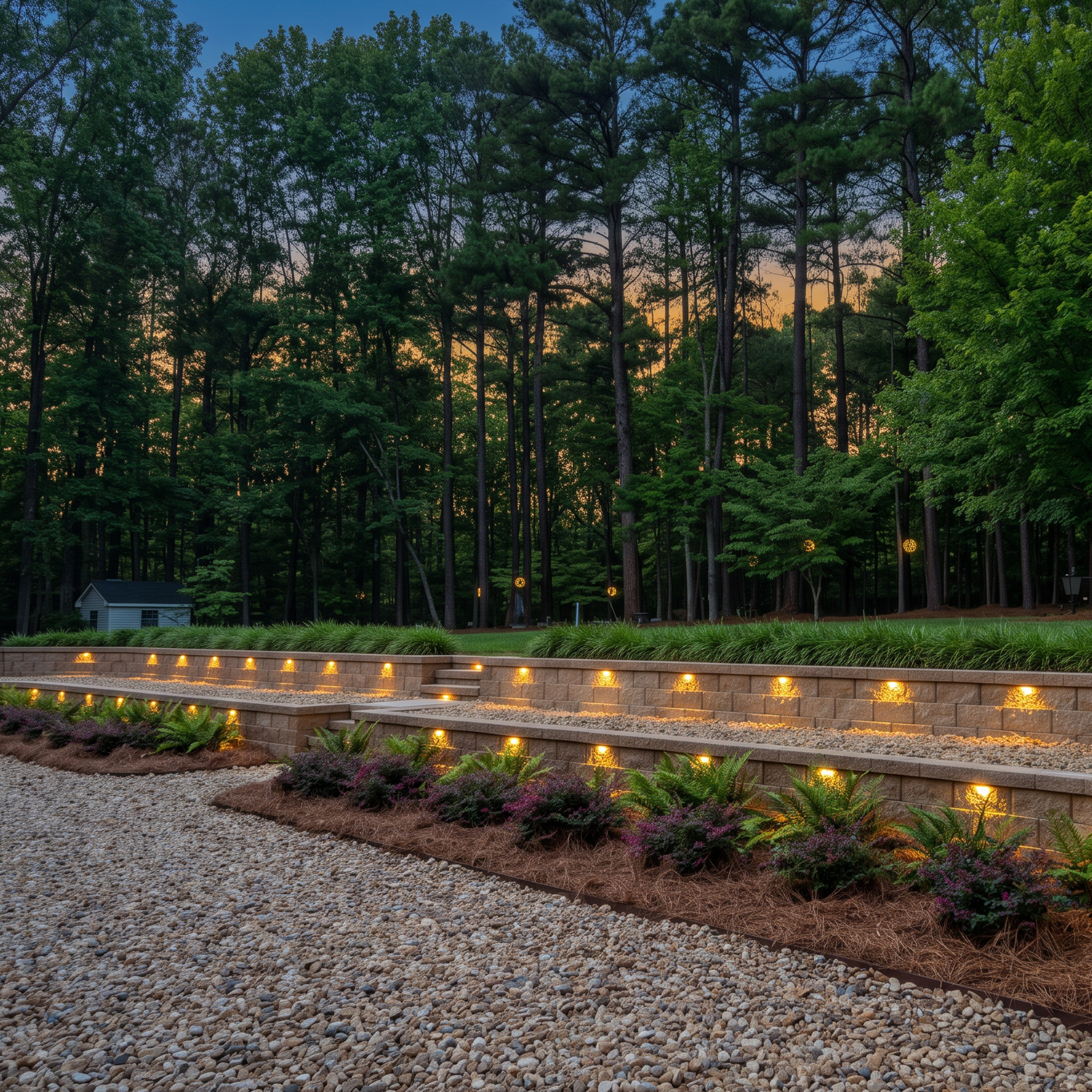 Two tiers of block retaining wall with lighting in the caps, planted above a gravel drainage bed