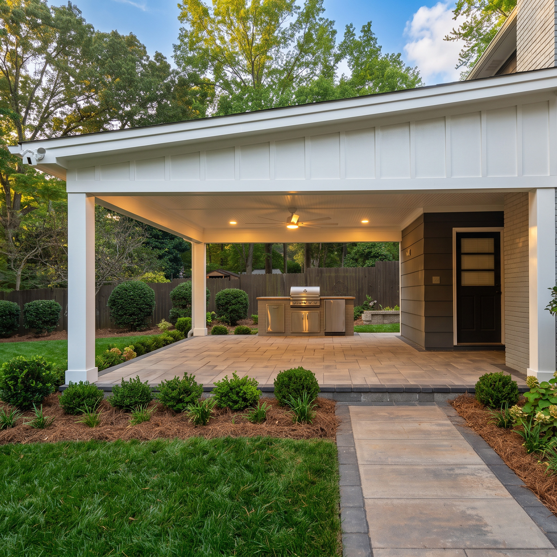 Freestanding covered patio with a vaulted ceiling, ceiling fan, and outdoor kitchen built by MA Outdoor Services
