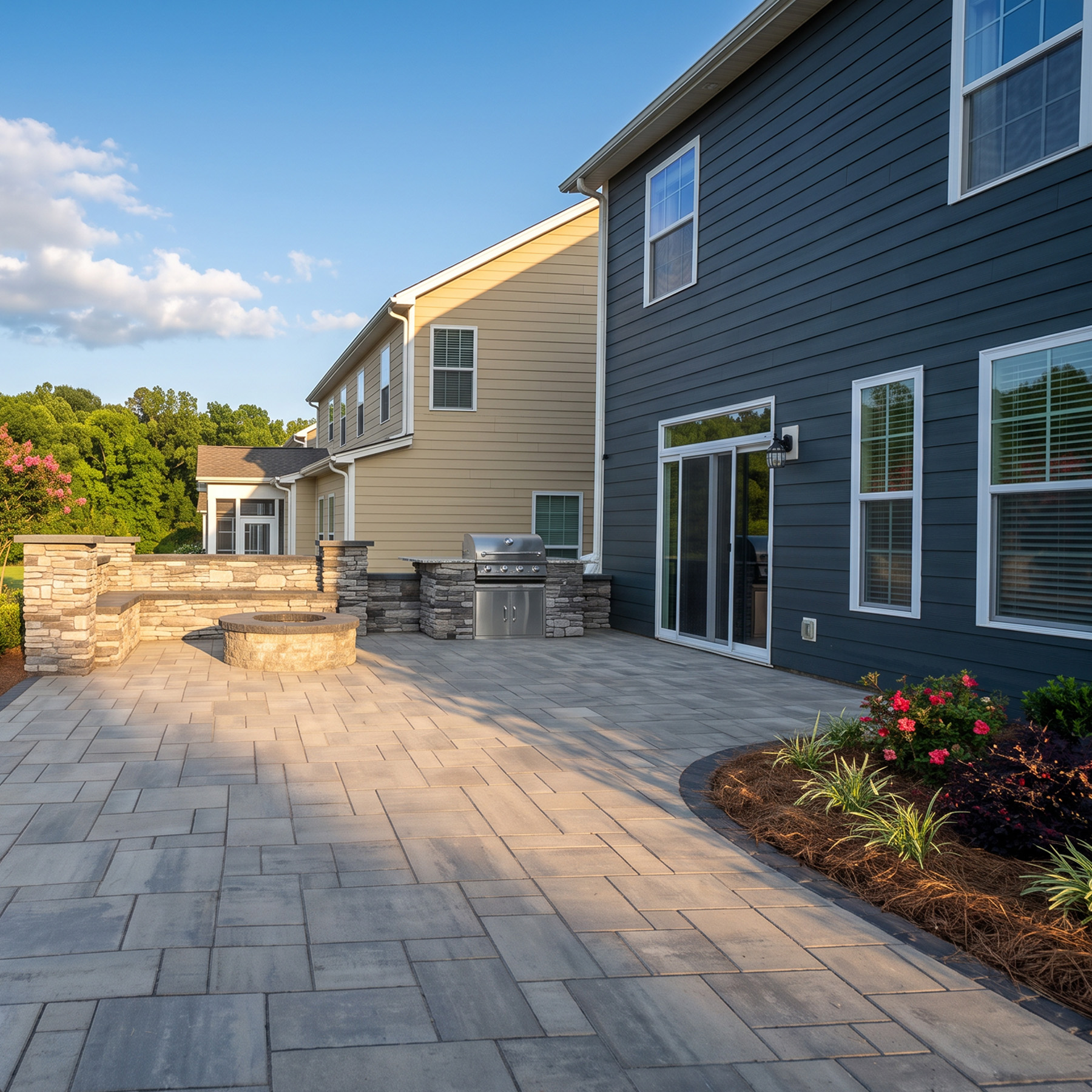 Paver patio and walkway running along a two-story home, with a seat wall and grill station built by MA Outdoor Services