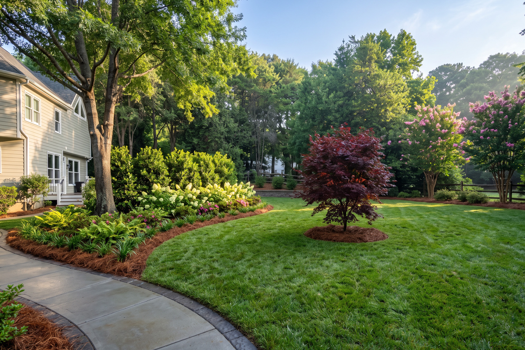 Curved mulch beds and a red Japanese maple set in a manicured backyard lawn beside a Charlotte home