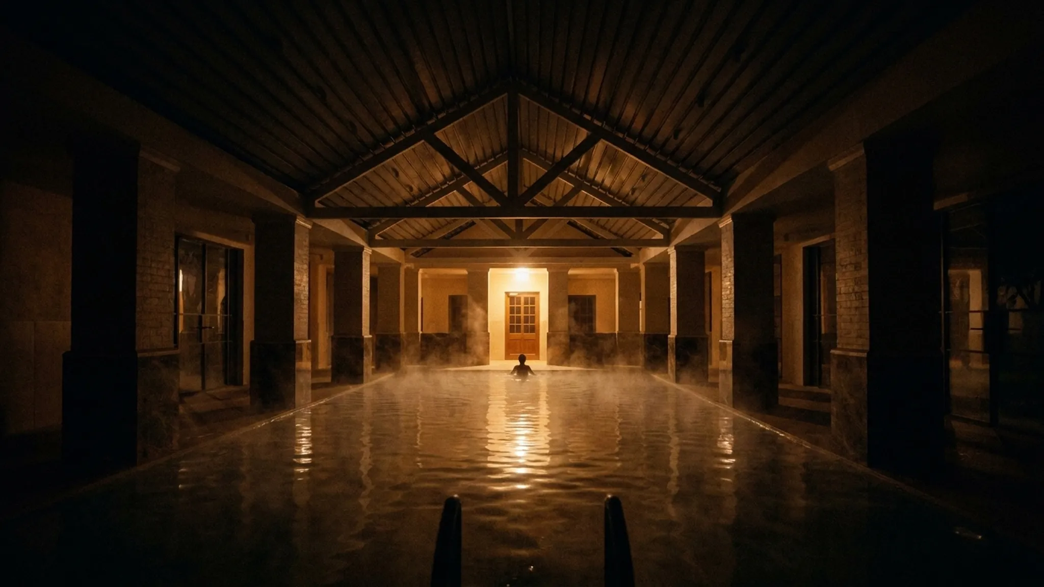 The VELA bathhouse at dusk with steam rising from the water