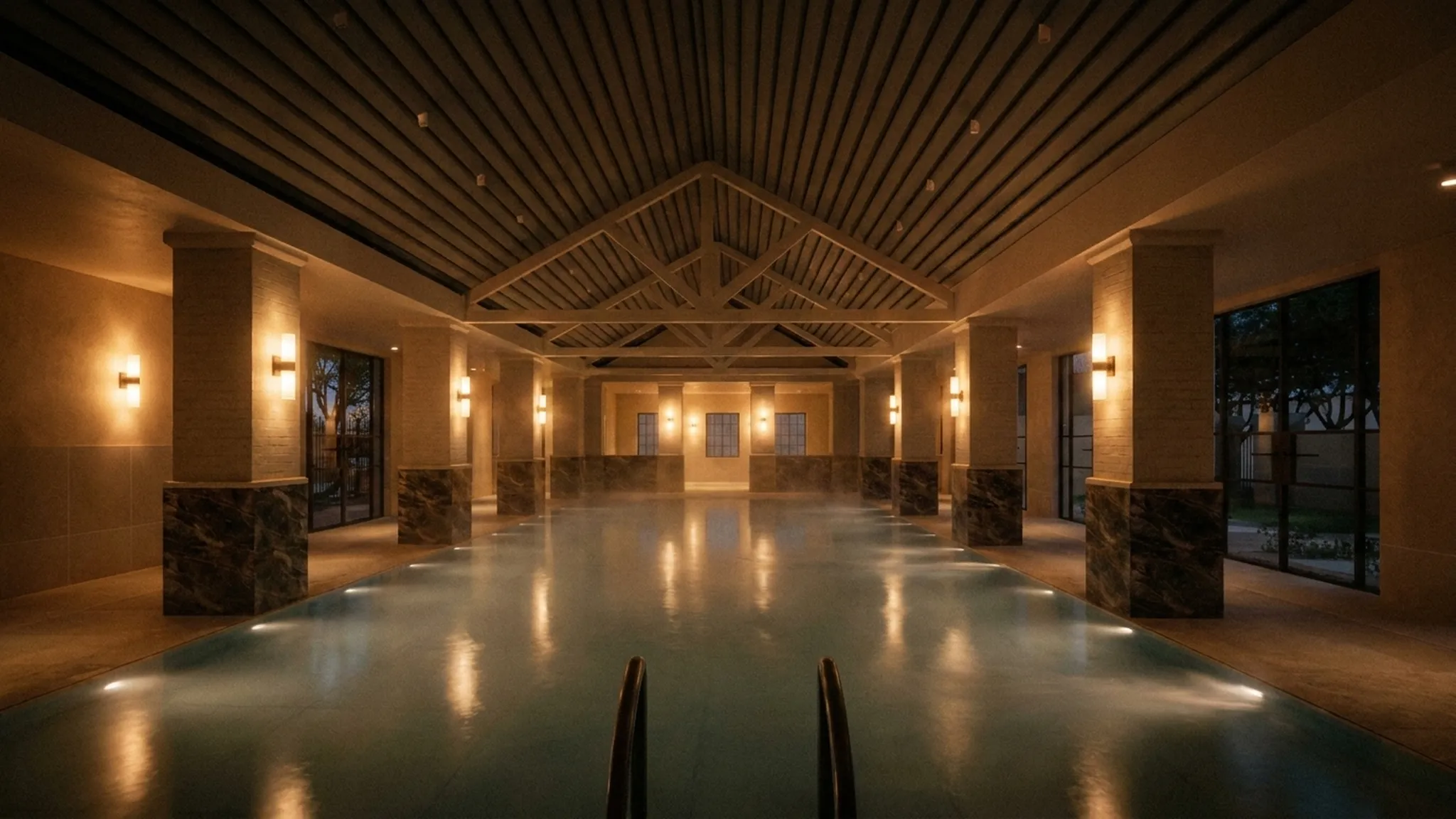 The VELA bathhouse pool hall at dusk, empty and still