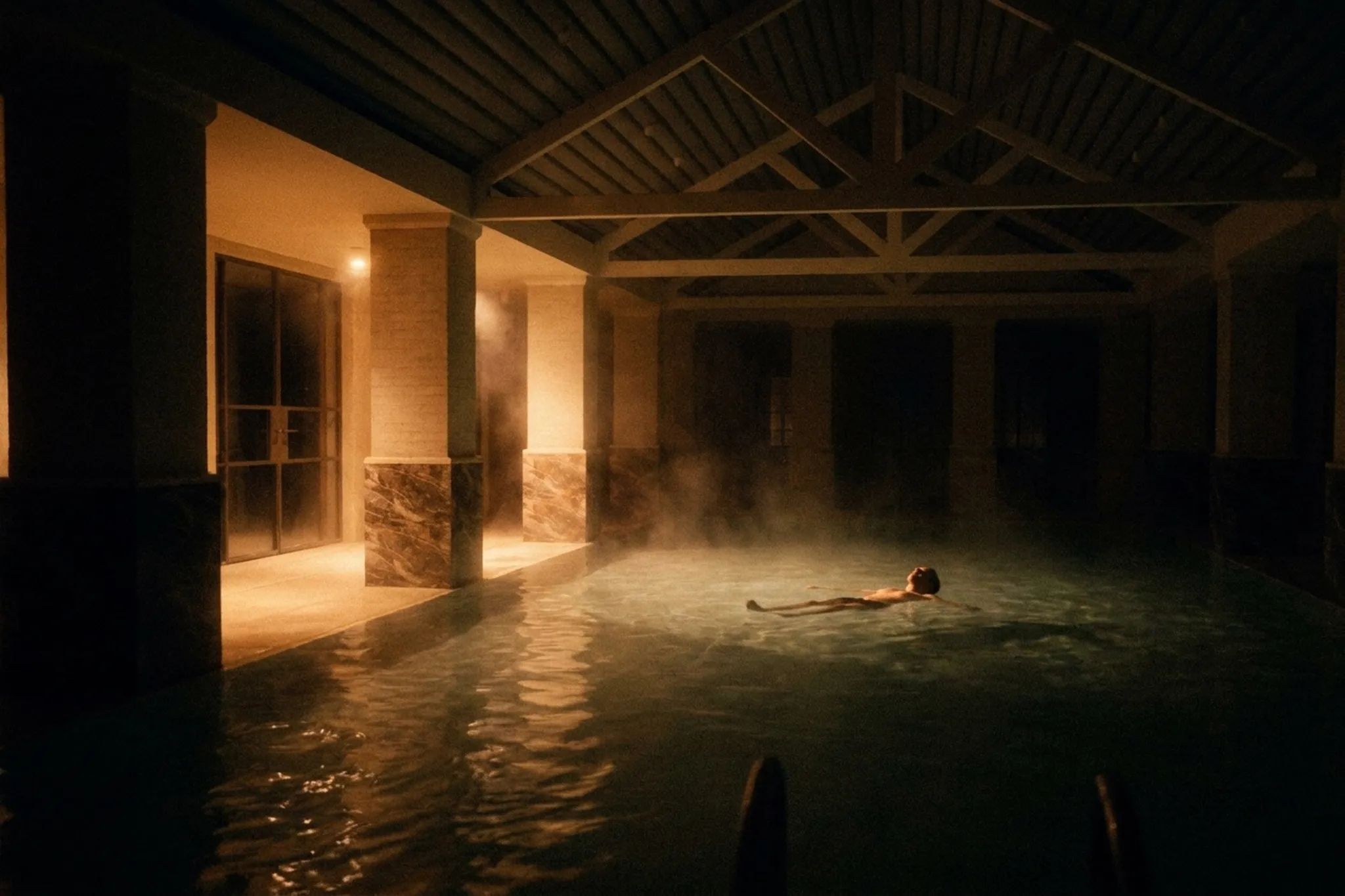 A guest floating in VELA's warm mineral pool