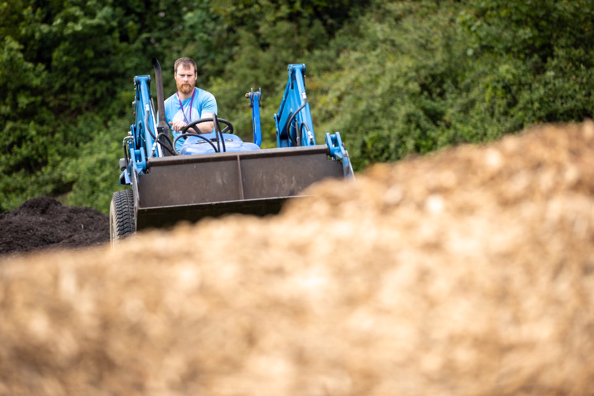 Man operating a blue front loader tractor, with a large pile of light-colored mulch or wood chips in the foreground and trees in the background.