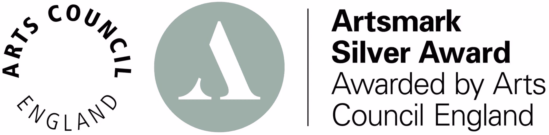 Arts Council England logo with black text and circle on the left, next to a green circle with a white stylised letter 'A', followed by text reading 'Artsmark Silver Award Awarded by Arts Council England'.