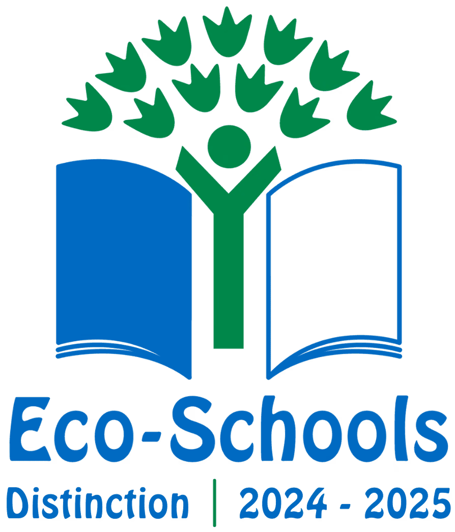 Eco-Schools logo with a stylized green figure and leaves forming a tree above an open blue book, with text reading 'Eco-Schools Distinction | 2024 - 2025'.