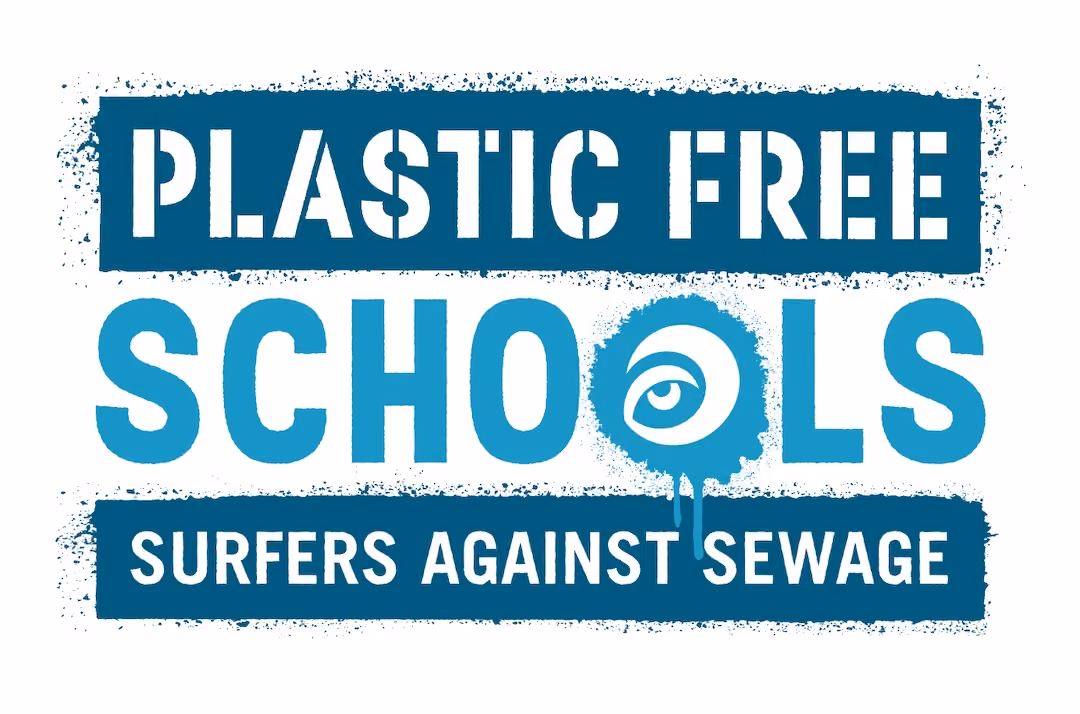 Logo with bold text reading 'PLASTIC FREE SCHOOLS' with an eye symbol inside the second O, above the phrase 'SURFERS AGAINST SEWAGE' in a rough-edged box.