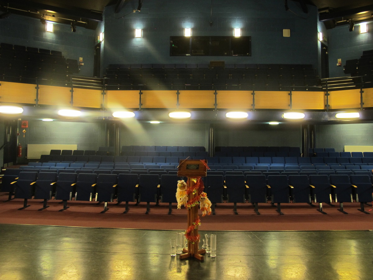 Empty small theatre with rows of blue seats and a wooden lectern decorated with tinsel and stuffed toy animals on the stage.