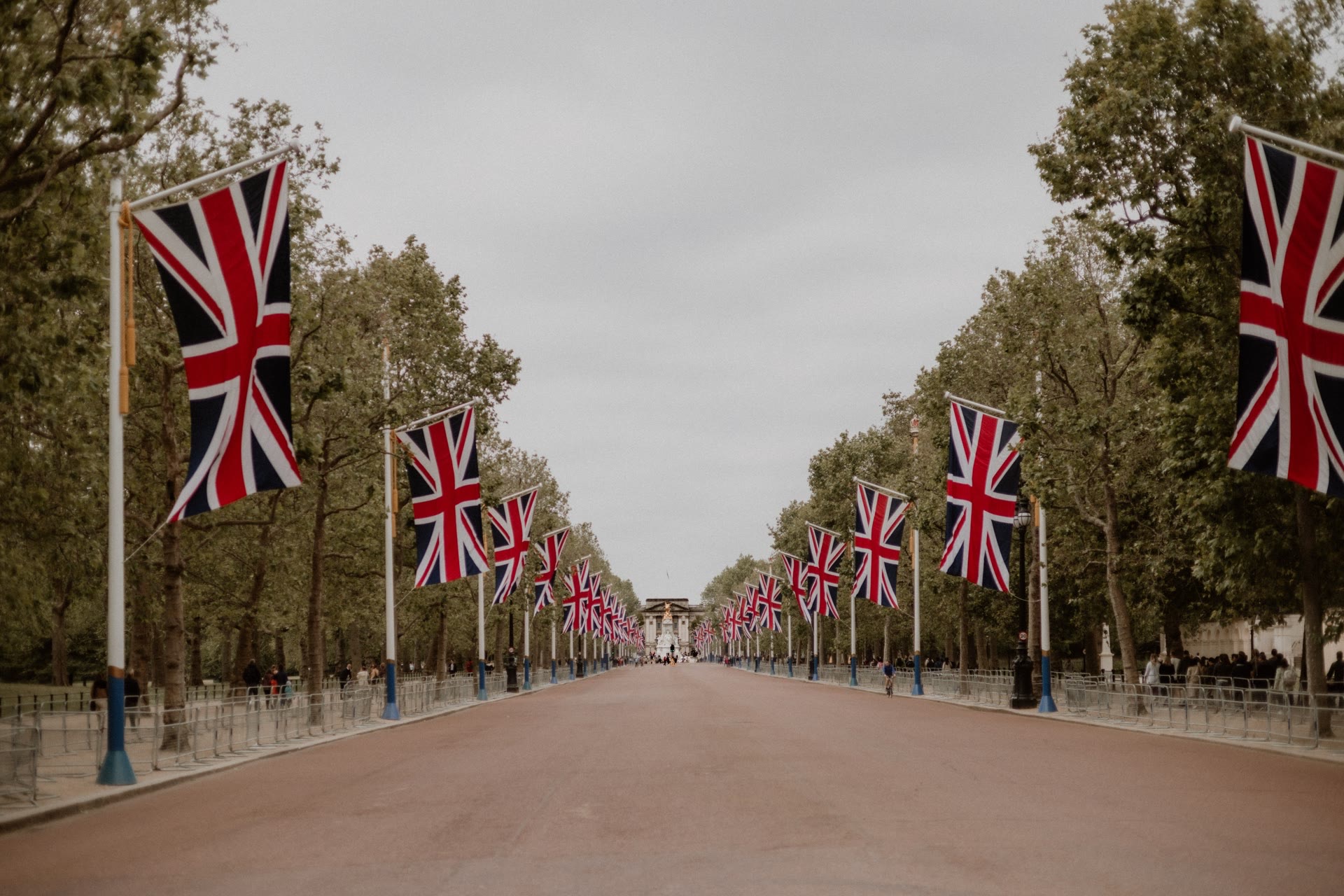 Wide pedestrian road lined with trees on both sides and rows of Union Jack flags on poles leading to the distant Victoria Memorial and Buckingham Palace in London under a cloudy sky.