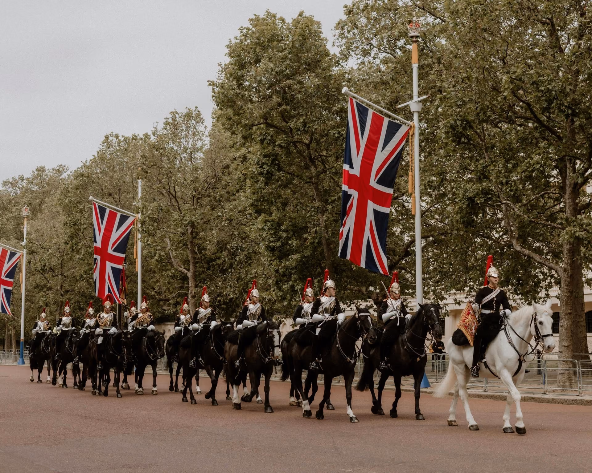 A procession of mounted soldiers in ceremonial uniforms riding black horses, led by a rider on a white horse, with large Union Jack flags displayed on poles alongside the tree-lined street.