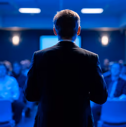 Rear view of a man in a dark suit speaking to an audience seated in a dimly lit room with blue lighting.